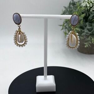 Cowrie Shell Blue Stone Faux Pearl Dangle Coastal Boho Beachy Gold Tone Earrings